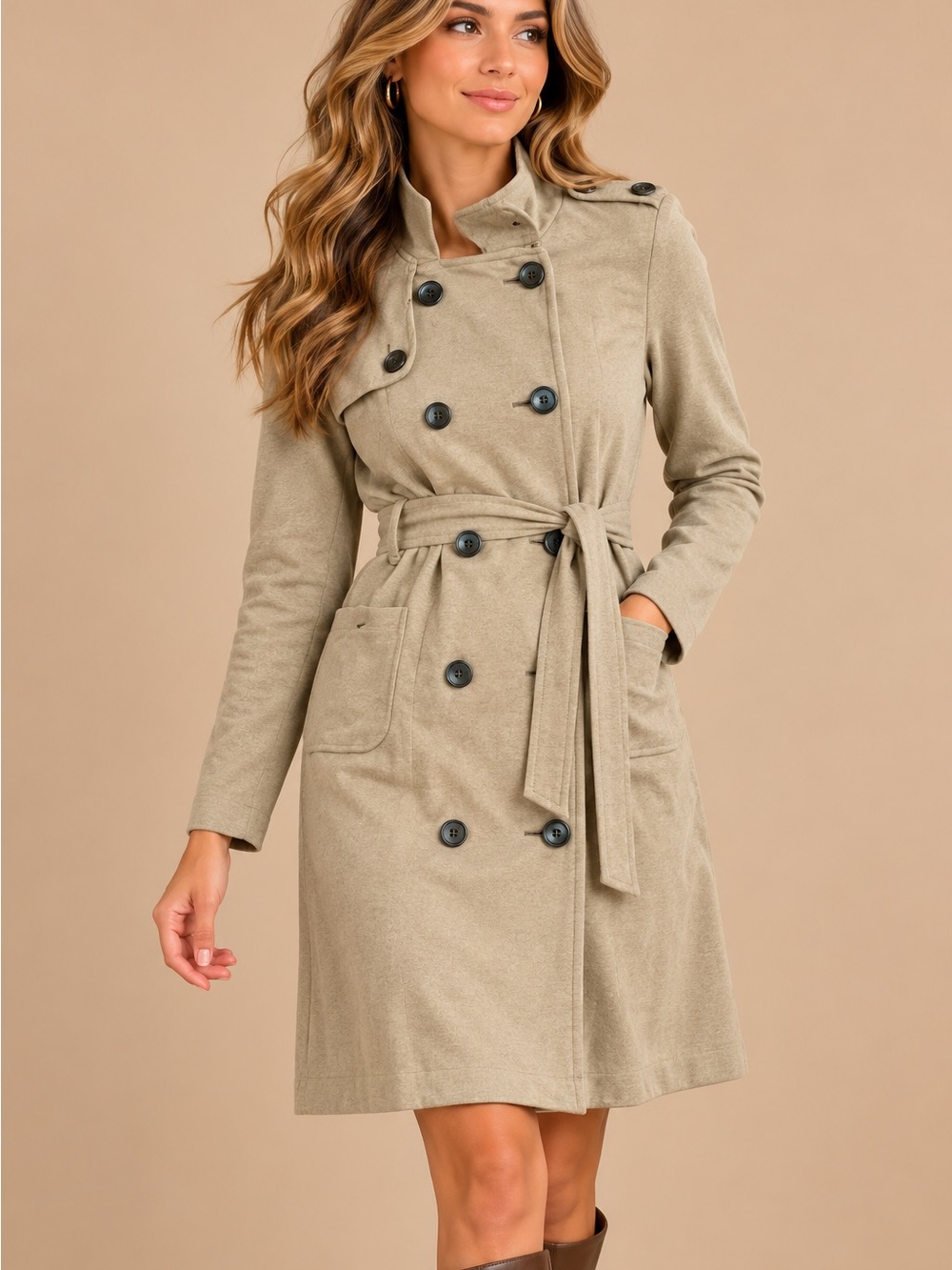 CAbi Camel Tan Double Breasted Sweater Trench Coat Size Medium